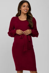 Burgundy Soft Brushed Waist Tie Bubble Sleeve Maternity Dress