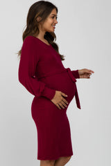 Burgundy Soft Brushed Waist Tie Bubble Sleeve Maternity Dress