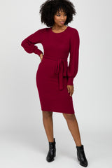 Burgundy Soft Brushed Waist Tie Bubble Sleeve Maternity Dress