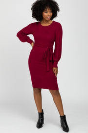 Burgundy Soft Brushed Waist Tie Bubble Sleeve Dress