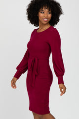 Burgundy Soft Brushed Waist Tie Bubble Sleeve Dress