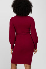 Burgundy Soft Brushed Waist Tie Bubble Sleeve Dress