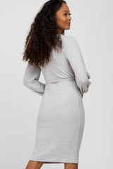 Heather Grey Soft Brushed Waist Tie Bubble Sleeve Dress