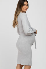 Heather Grey Soft Brushed Waist Tie Bubble Sleeve Maternity Dress