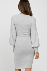 Heather Grey Soft Brushed Waist Tie Bubble Sleeve Maternity Dress