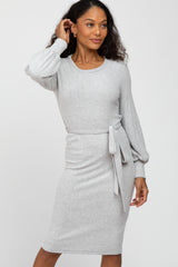 Heather Grey Soft Brushed Waist Tie Bubble Sleeve Maternity Dress