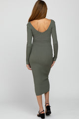 Light Olive V-Neck Long Sleeve Fitted Maternity Maxi Dress