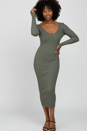 Light Olive V-Neck Long Sleeve Fitted Maxi Dress