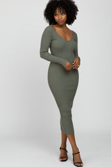 Light Olive V-Neck Long Sleeve Fitted Maxi Dress