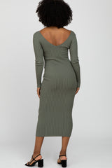 Light Olive V-Neck Long Sleeve Fitted Maxi Dress