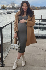 Light Olive V-Neck Long Sleeve Fitted Maternity Maxi Dress