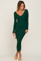 Forest Green V-Neck Long Sleeve Fitted Maxi Dress