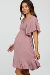 Mauve Smocked Front Ruffle Hem Maternity Dress