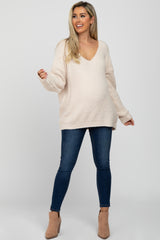 Beige V-Neck Soft Maternity Sweater