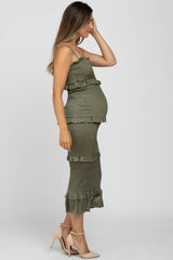 Olive Satin Smocked Fitted Maternity Midi Dress