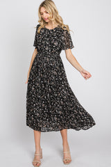 Black Floral Pleated Short Sleeve Chiffon Maternity Midi Dress