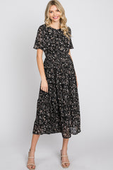 Black Floral Pleated Short Sleeve Chiffon Midi Dress