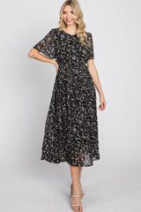 Black Floral Pleated Short Sleeve Chiffon Midi Dress