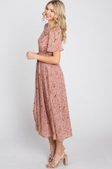 Light Pink Floral Pleated Short Sleeve Chiffon Midi Dress