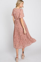 Light Pink Floral Pleated Short Sleeve Chiffon Midi Dress