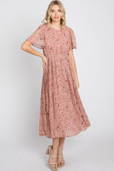 Light Pink Floral Pleated Short Sleeve Chiffon Midi Dress