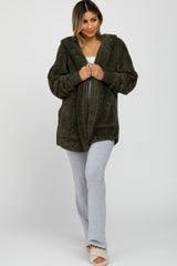 Olive Fuzzy Hooded Long Sleeve Maternity Jacket