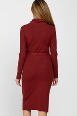 Burgundy Ribbed Turtleneck Maternity Sweater Dress