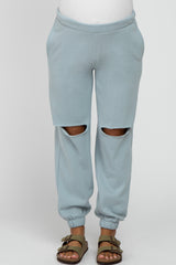 Light Blue Ripped Knee Maternity Sweatpants