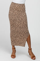 Brown Animal Print Fitted Midi Skirt