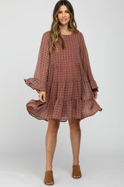 Burgundy Floral Chiffon Ruffle Hem Bell Sleeve Maternity Dress