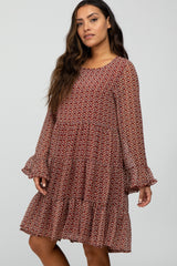 Burgundy Floral Chiffon Ruffle Hem Bell Sleeve Dress