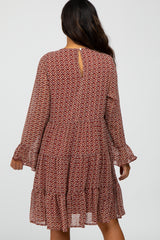 Burgundy Floral Chiffon Ruffle Hem Bell Sleeve Dress