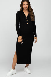 Black Ribbed Knit Side Slit Maternity Maxi Dress