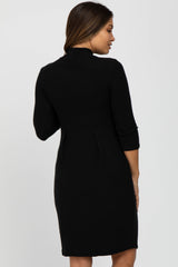 Black Brushed Mock Neck Fitted Maternity Dress