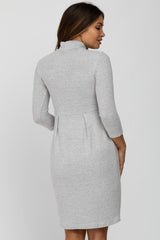 Heather Grey Brushed Mock Neck Fitted Maternity Dress