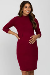 Burgundy Brushed Mock Neck Fitted Maternity Dress