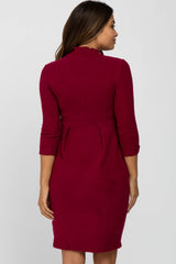 Burgundy Brushed Mock Neck Fitted Maternity Dress