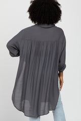 Charcoal Button Front Side Slit Oversized Blouse