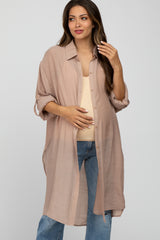 Taupe Button Front Side Slit Oversized Maternity Blouse