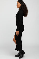 Black Ribbed Mock Neck Side Slit Maxi Dress