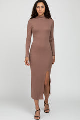 Mocha Ribbed Mock Neck Side Slit Maternity Maxi Dress