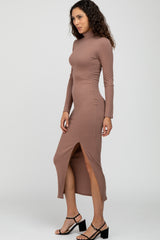 Mocha Ribbed Mock Neck Side Slit Maxi Dress