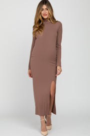 Mocha Ribbed Mock Neck Side Slit Maternity Maxi Dress