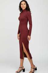 Burgundy Ribbed Mock Neck Side Slit Maxi Dress