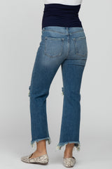 Blue Frayed Wide Leg Cropped Maternity Jeans