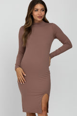 Mocha Ribbed Mock Neck Front Slit Maternity Dress