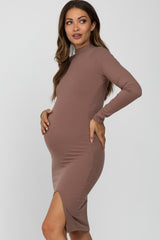 Mocha Ribbed Mock Neck Front Slit Maternity Dress