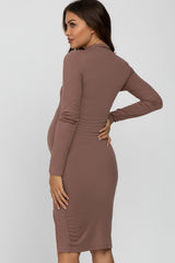 Mocha Ribbed Mock Neck Front Slit Maternity Dress