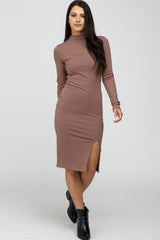 Mocha Ribbed Mock Neck Front Slit Maternity Dress