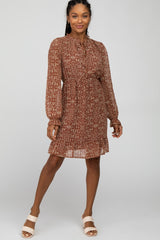 Rust Print Chiffon Long Sleeve Maternity Dress